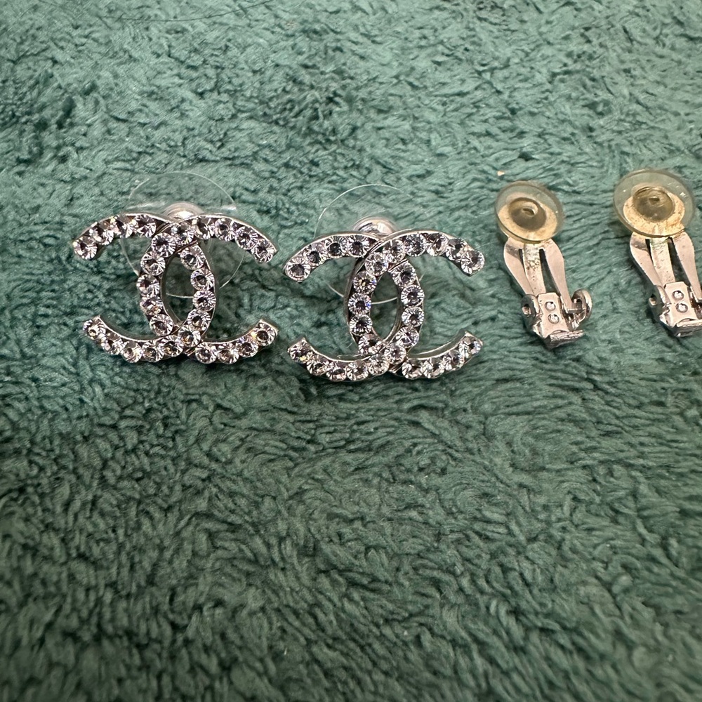 Chanel Silver Crystal Earrings - clip ons made into post studs